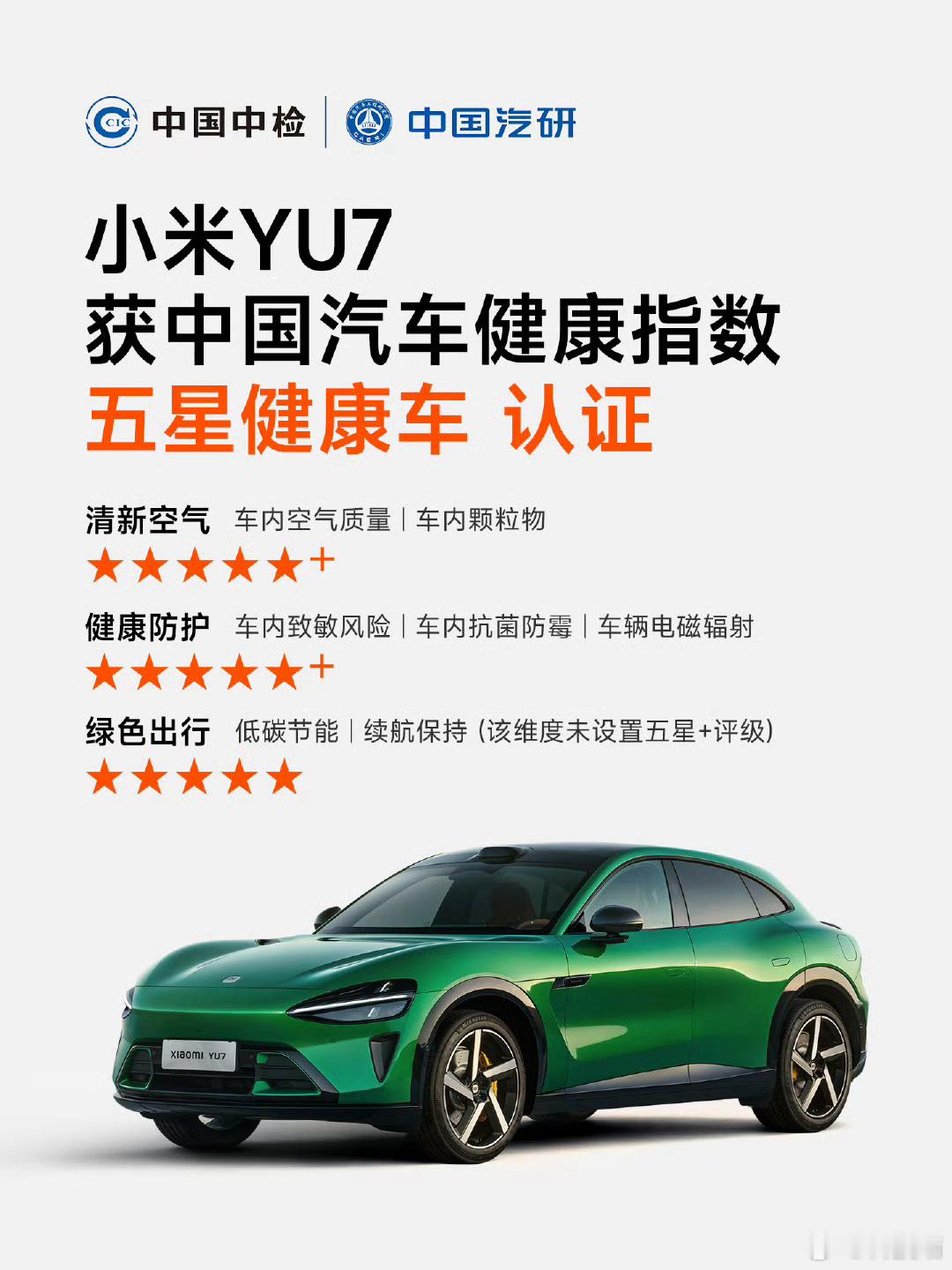小米YU7 获得“五星健康车”认证 ！ 