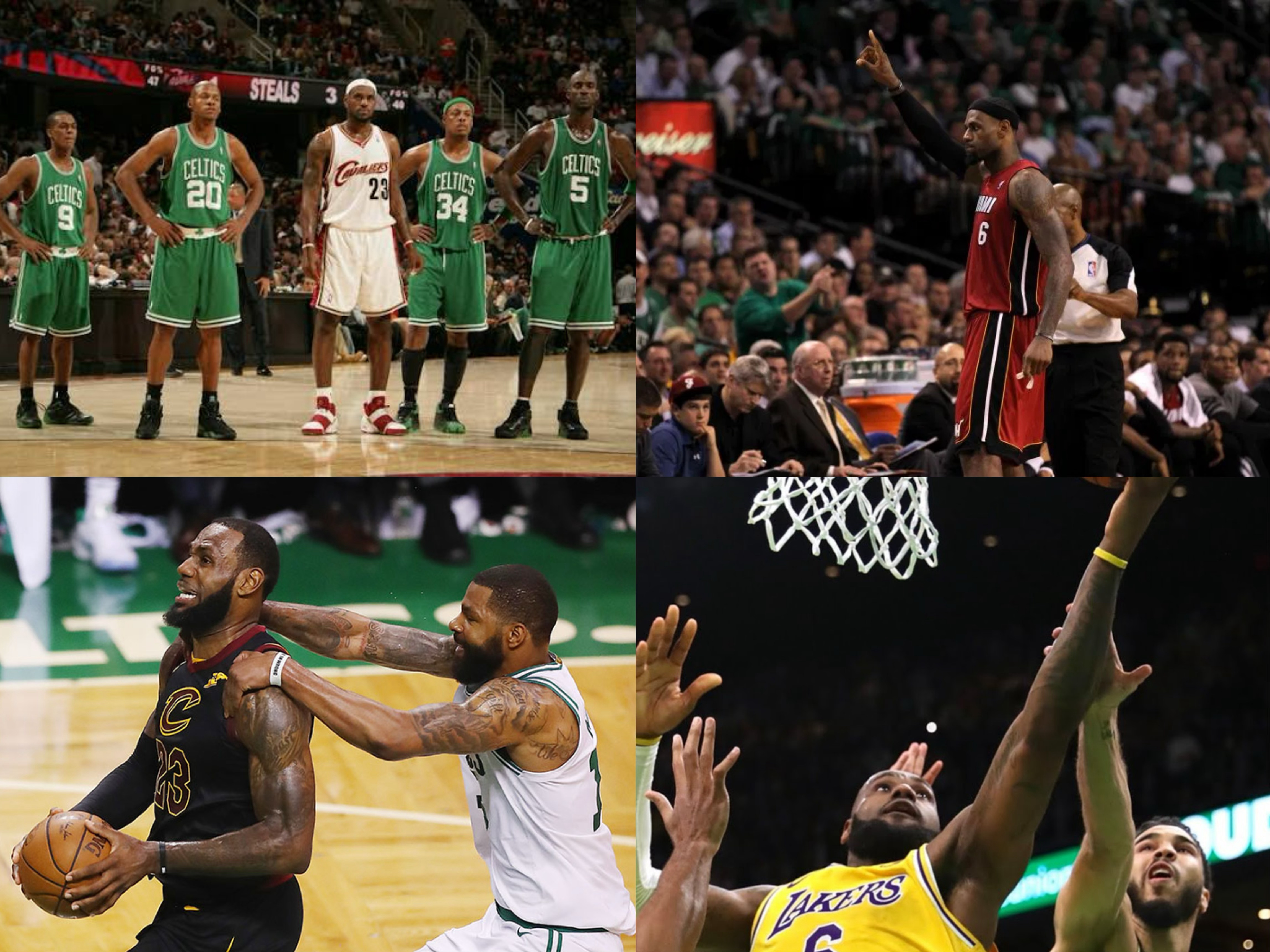 詹姆斯生涯至今在常规赛里与凯尔特人交手61次，34胜27负，胜率55.7%。季后