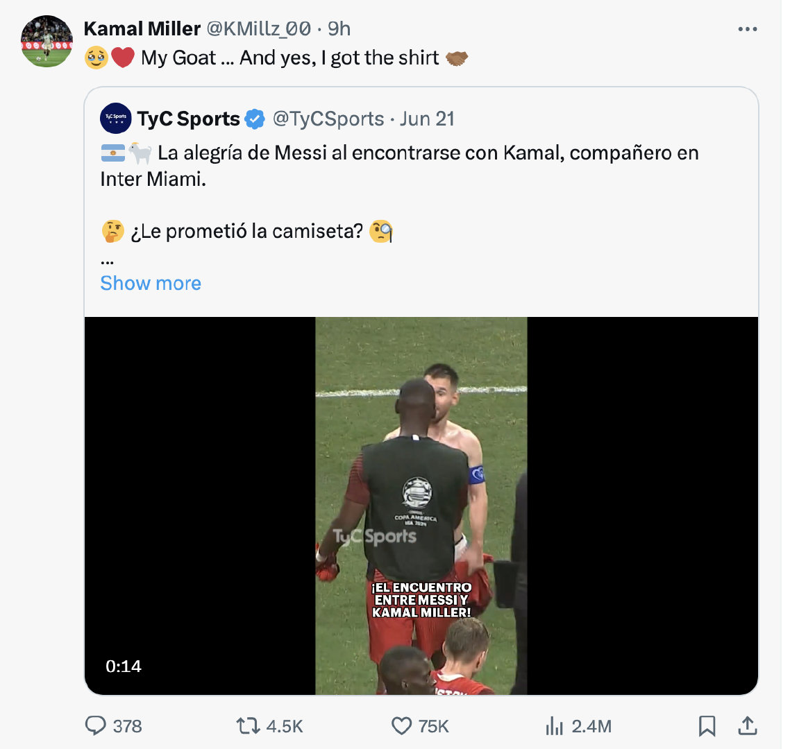 【米勒也要到梅西球衣了[哇][哇][哇]】卡迈勒·米勒转发TYC体育视频：“我的
