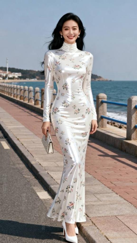 身穿白色花连衣裙美女海边写真。连衣裙 美女壁纸