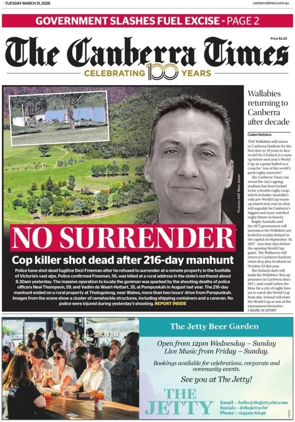 《堪培拉时报》头版报道，警方几乎耗费在长达216天的追捕后，杀害警察的凶手被击毙