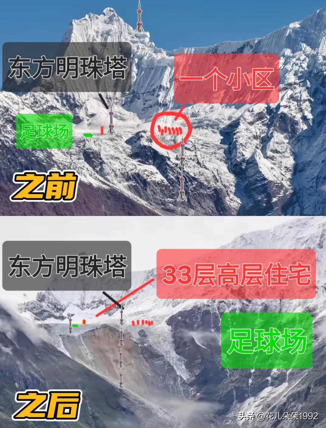 再看人类和城市建筑多么渺小
把东方明珠塔和足球场搬了过来都远远比不了这垮塌的冰川
