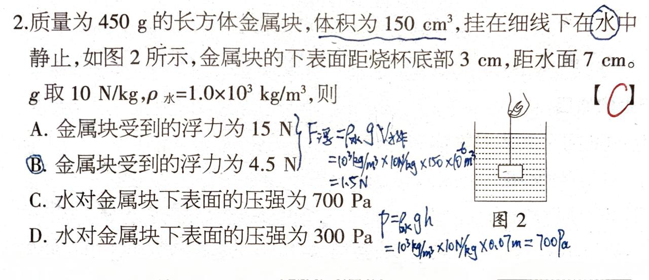 这道题非常简单，是浮力和压强基本公式的应用，由于金属块处于三力平衡状态，根据F浮