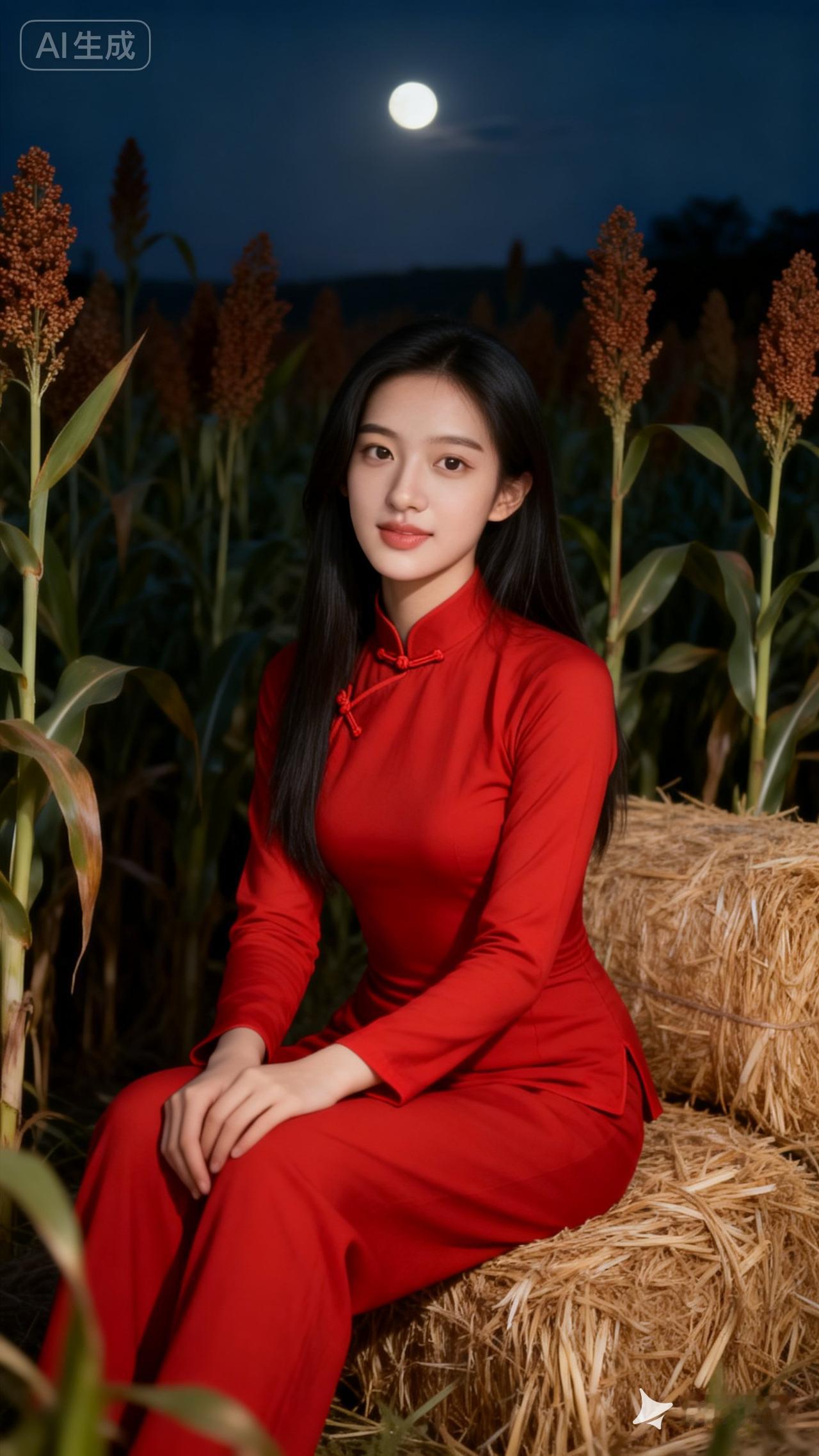 月夜下的红衣少女，静坐田间，如诗如画。