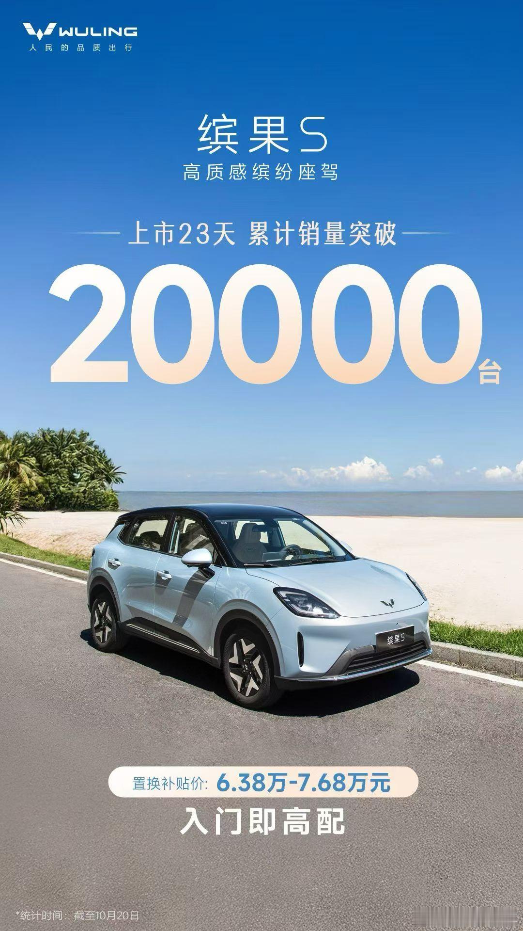 五菱缤果 S 也交出不错的成绩，上市 23 天累计销量突破 2 万台，最近几款纯