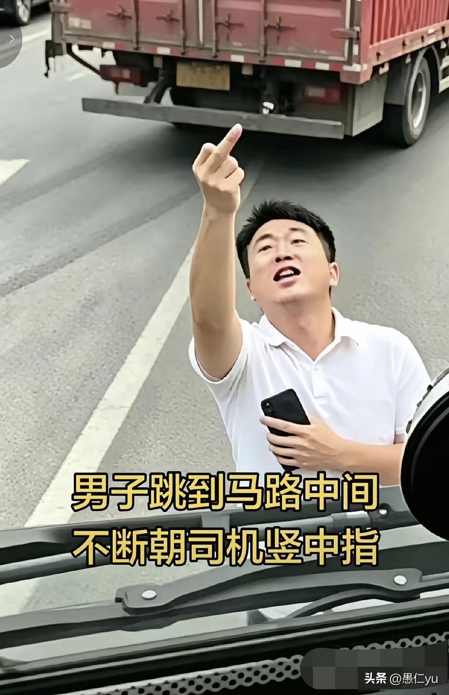 这是多大的火气，哪来的勇气，用这个手势挑衅、激怒大货车司机？就不怕刹车没踩住，大