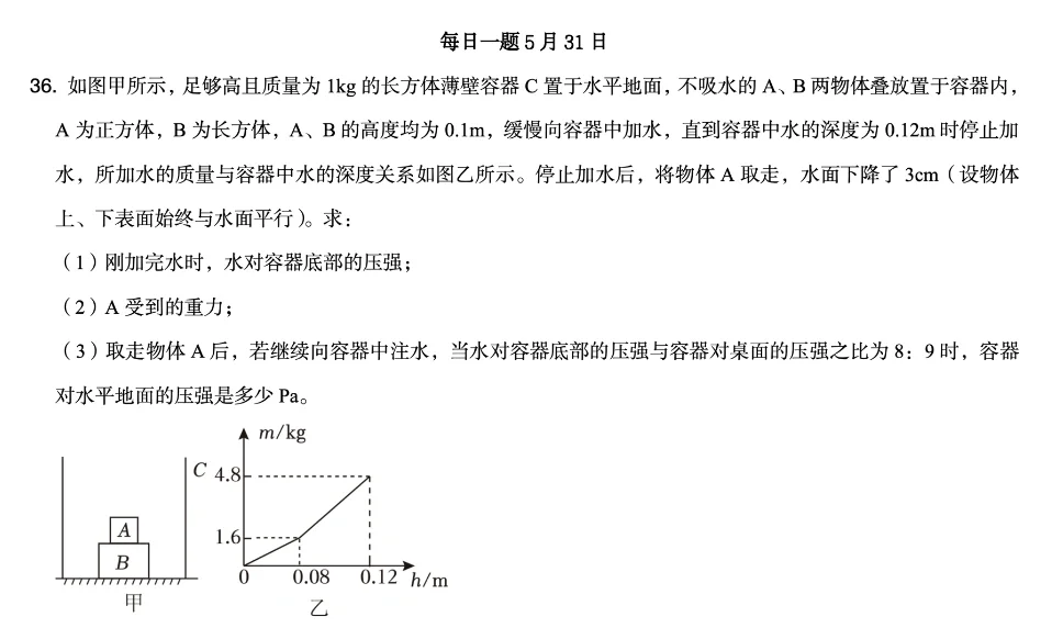中考物理每日一题/浮力压强密度综合