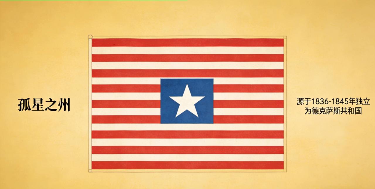 美国德州被称作孤星之州，源于曾独立为共和国，州旗仅一颗星，象征独立精神。