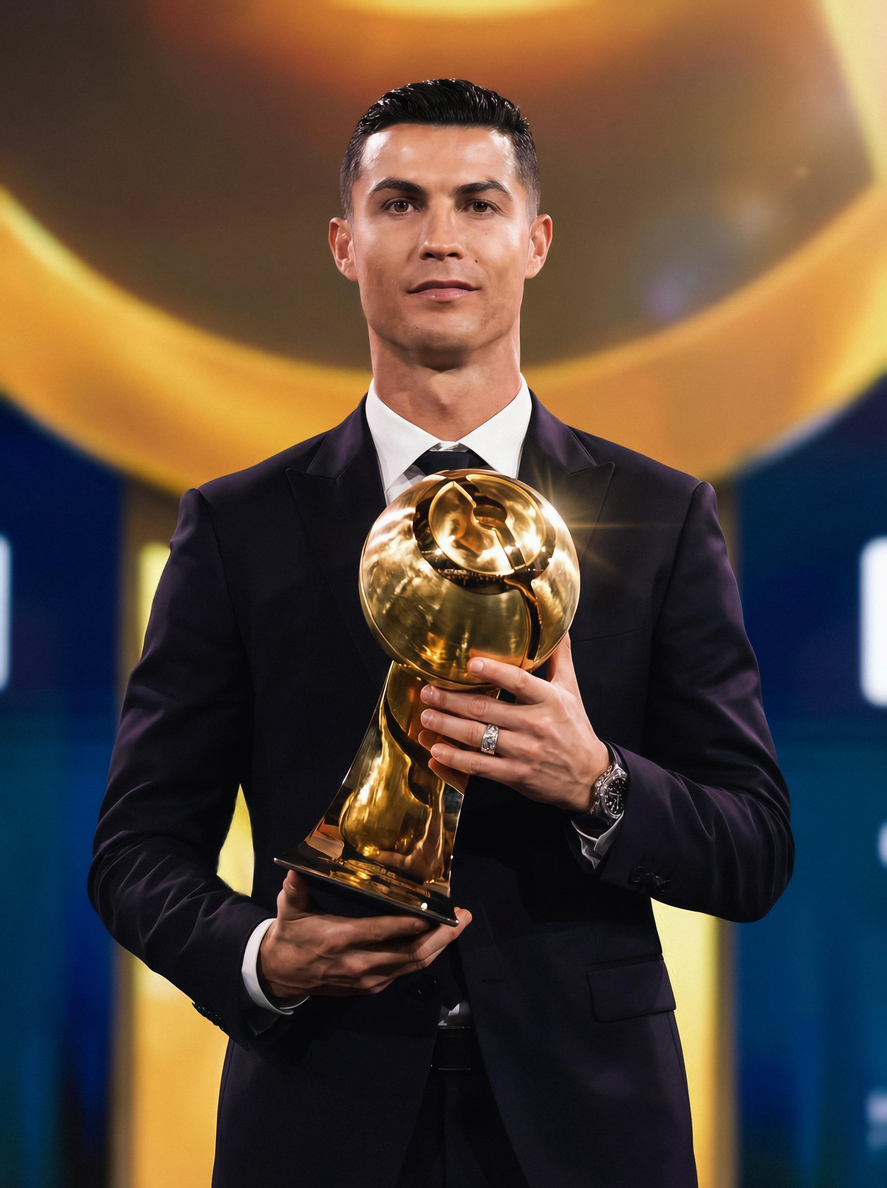 C罗荣获环足中东最佳球员奖 🌟 再次恭喜C罗荣获中东最佳球员奖，这件西服在灯光