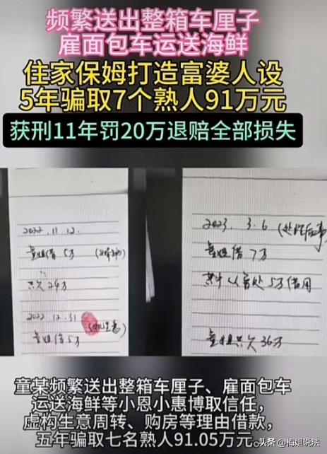 一个保姆，把自己演成了富婆！江苏南京，童某只有小学文化，在雇主家做住家保姆，从2