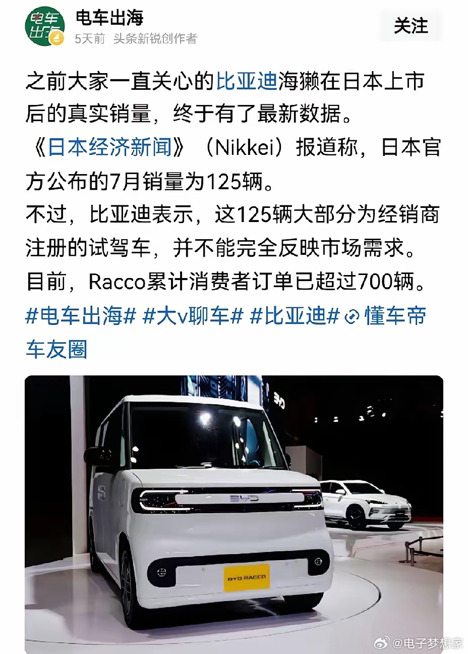 比亚迪海獭在日本上市数据刷屏了。预售首周网传订单直接冲到5000台，对比去年比亚