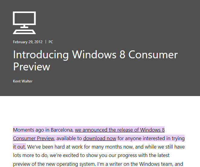12 年前的今天，微软正式宣布 Windows 8 消费者预览版可用。尽管，Wi