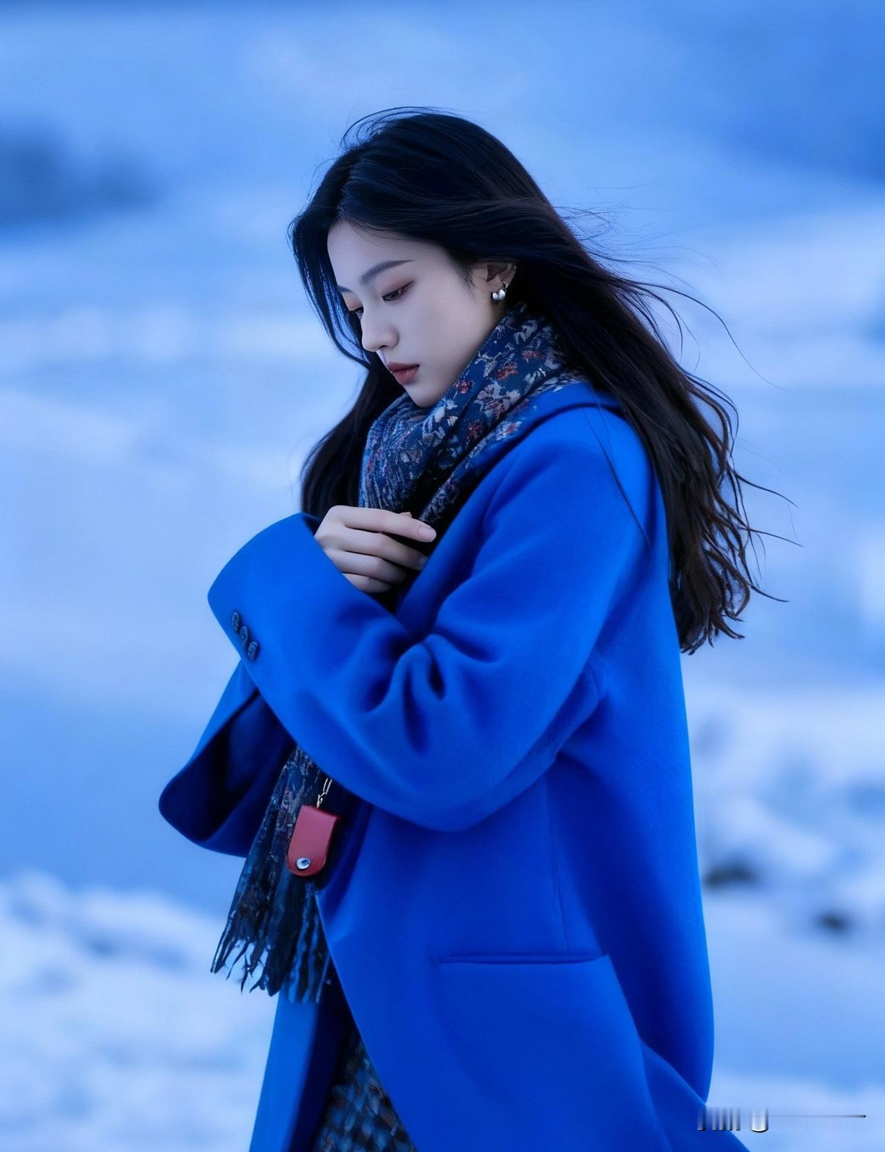 冬日暖阳下的蓝色少女，温柔而宁静。