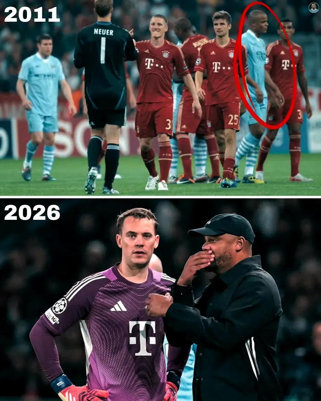 同岁不同岗，只差14天，诺伊尔与孔帕尼在拜仁相遇。一位镇守球门，稳守后防；一位坐