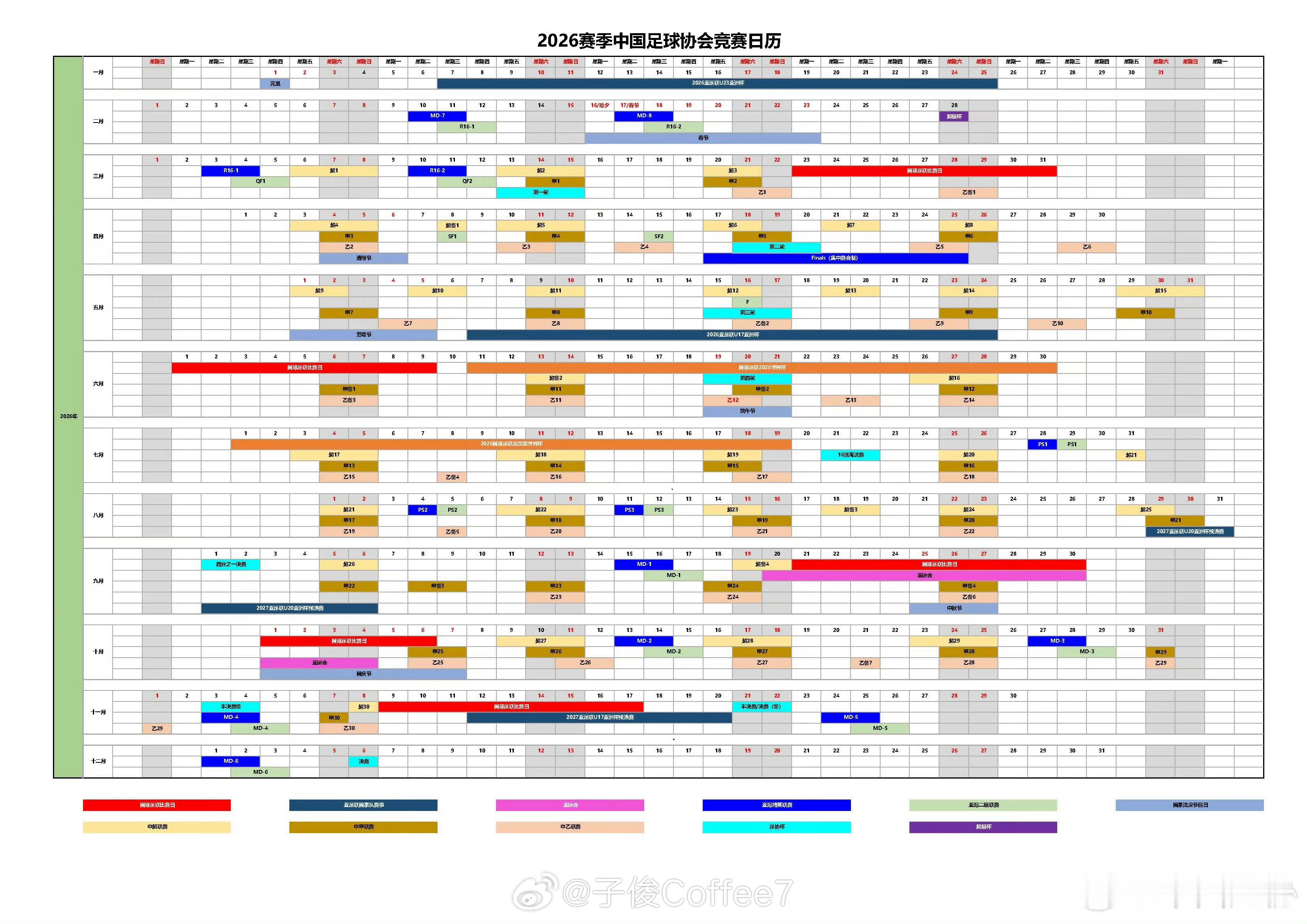 中国足协刚刚公布了2026赛季赛历2026赛季联赛首轮3月6日开赛5月29-31