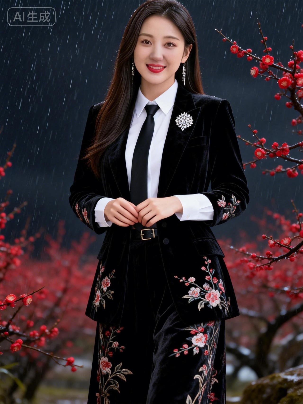 雨中漫步，优雅黑丝绒套装，尽显东方韵味