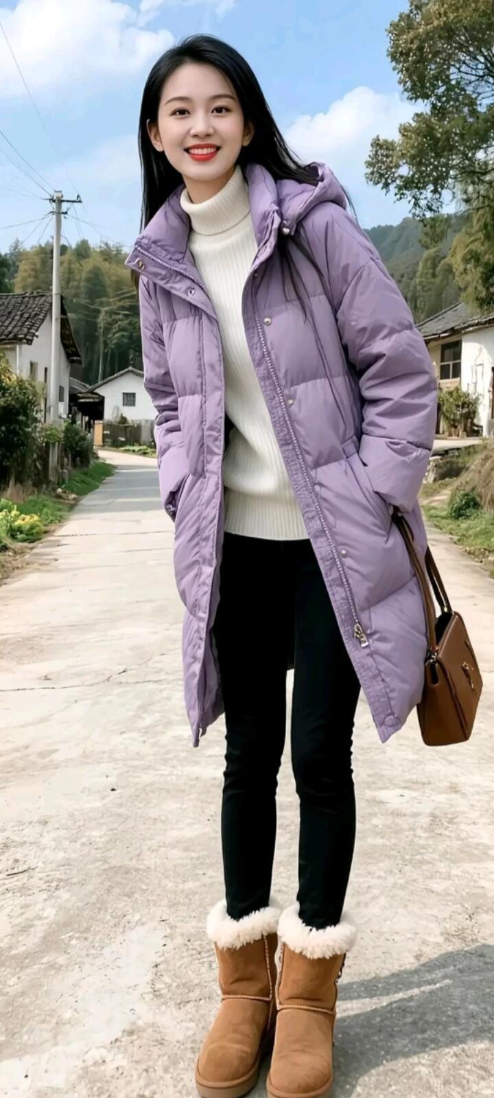 冬日穿搭指南：紫色羽绒服+白色毛衣+棕色靴子，温暖又时尚！🌞👗👢