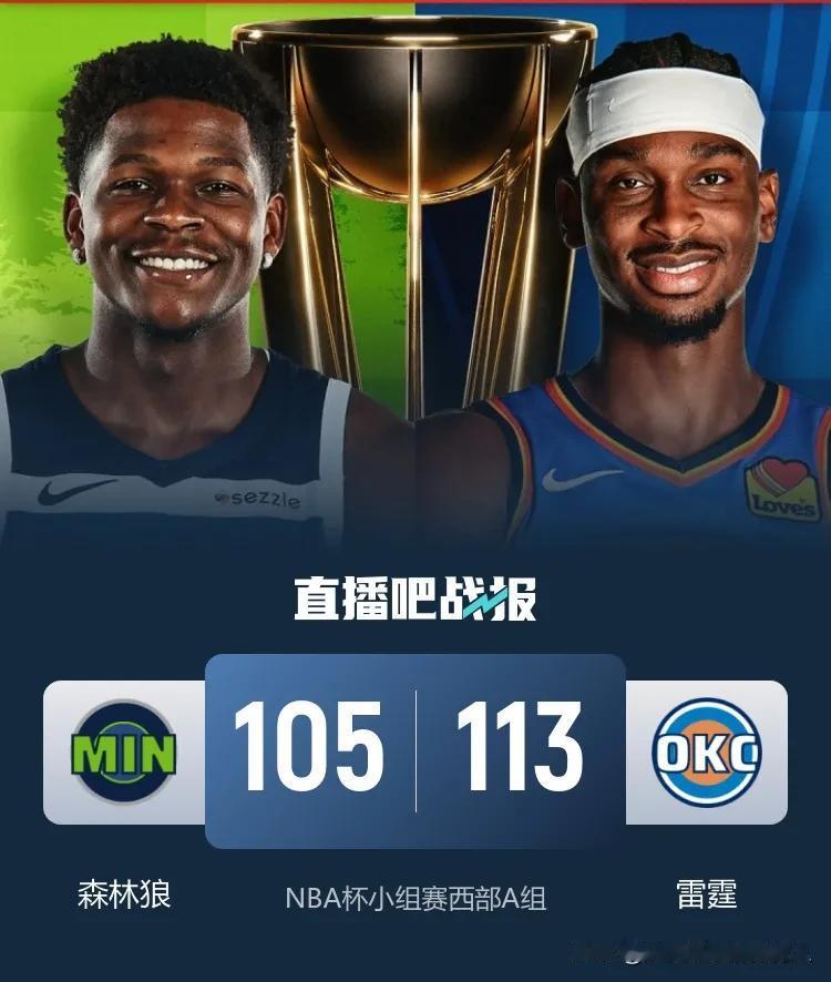 NBA杯赛西部A组
雷霆主场113:105力克森林狼
亚历山大罚球17罚15中砍