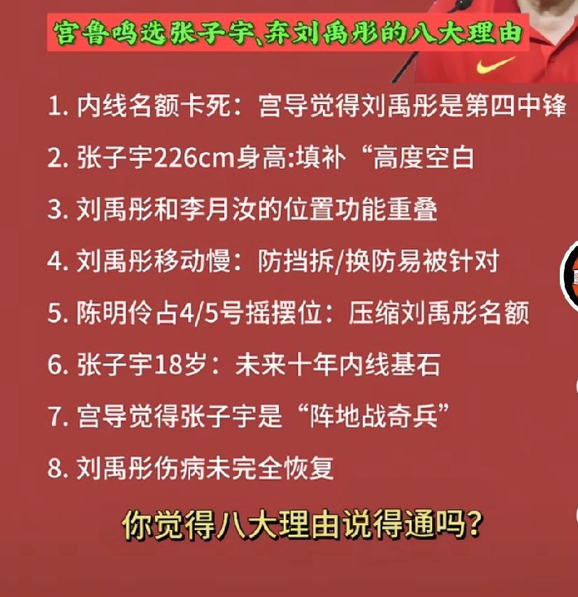 有球迷给出了宫指导选张子宇弃刘禹彤的八大理由，见图。

有球迷用数据进行了分析：