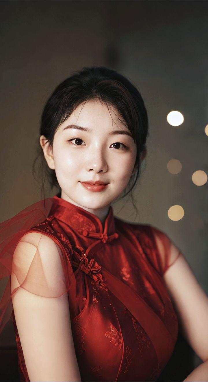 AI扩图 AI红裙浅笑