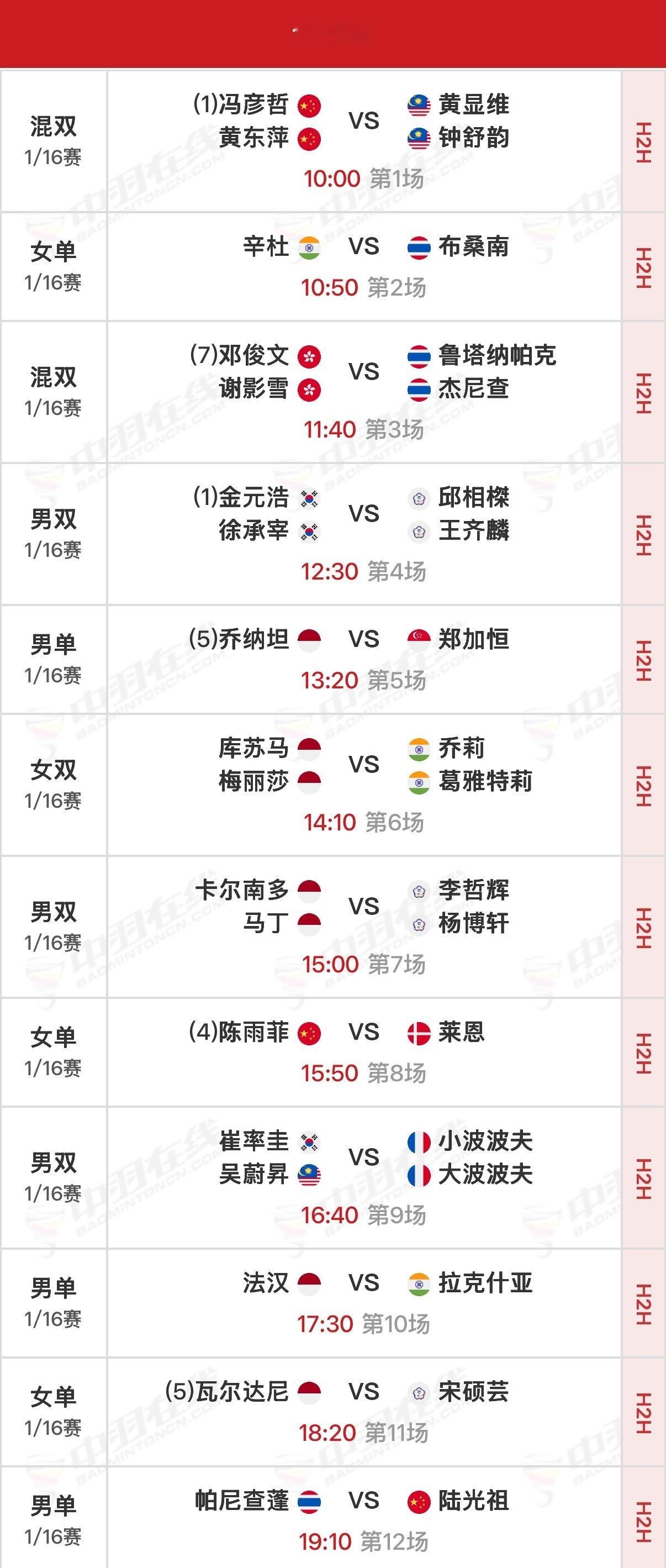 2026年印尼羽毛球公开赛 首日赛程北京时间10:00开始，可在羽协公众号/视频