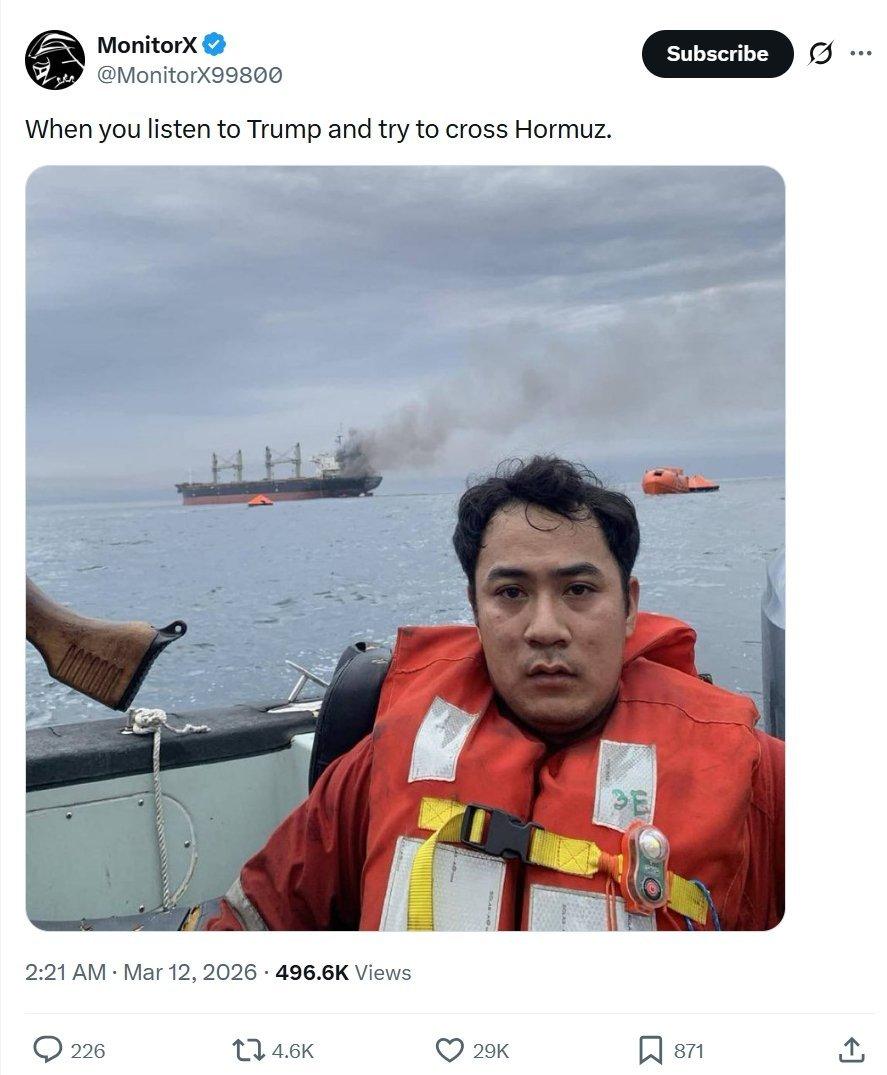 “当你听信特朗普，试图穿越霍尔木兹海峡时”，下场就是背景中这种现实情况。伊朗导弹