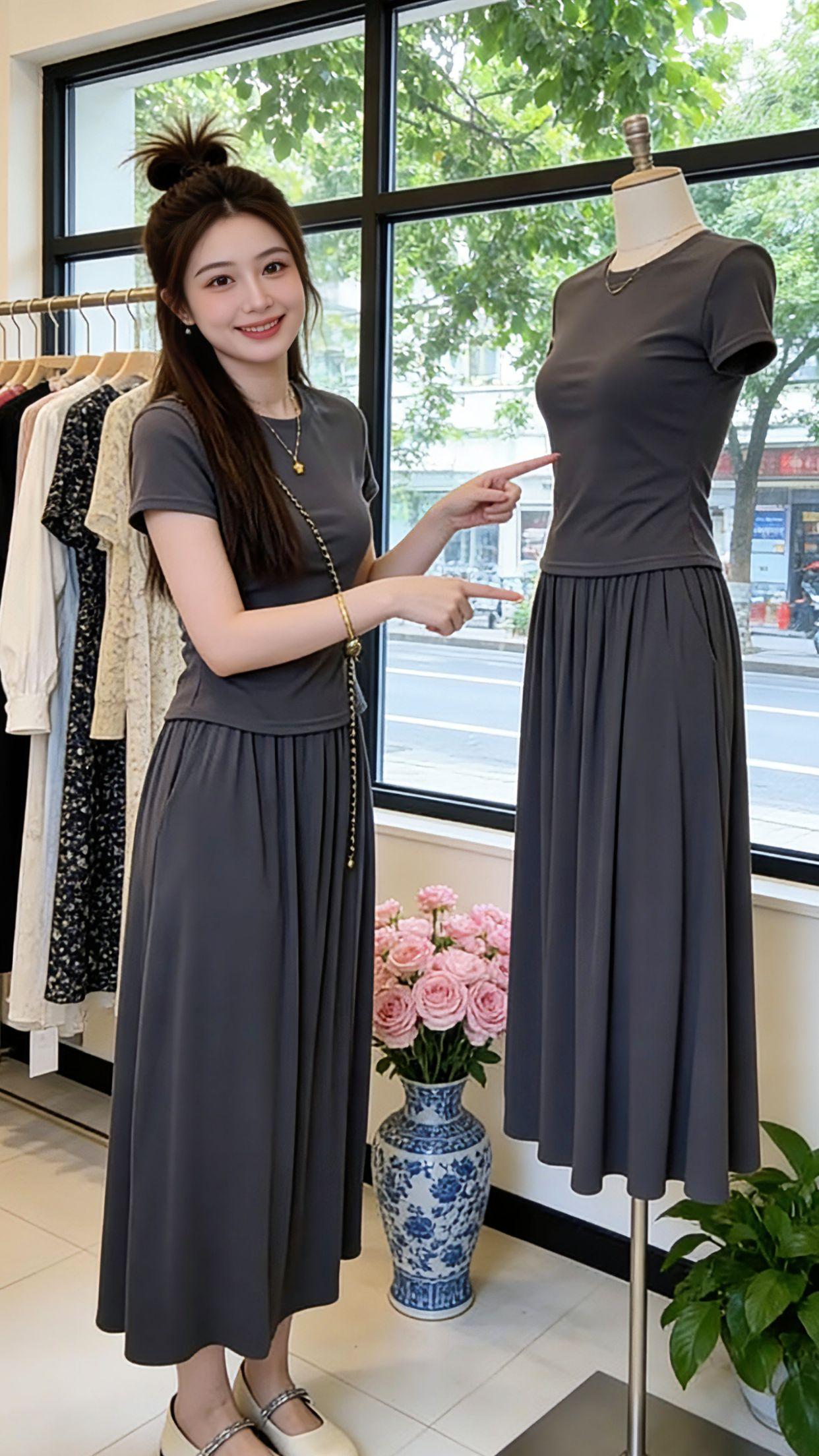 夏天真的拒绝不了这种舒服又好看的套装！修身短T恤刚好掐住腰线，藏肉又显比例，大摆