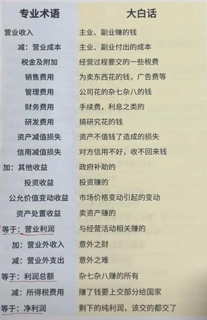 利润表的底层逻辑大白话解释
它能通熟易懂告诉你一个公司在一定的时期内收入有多少，