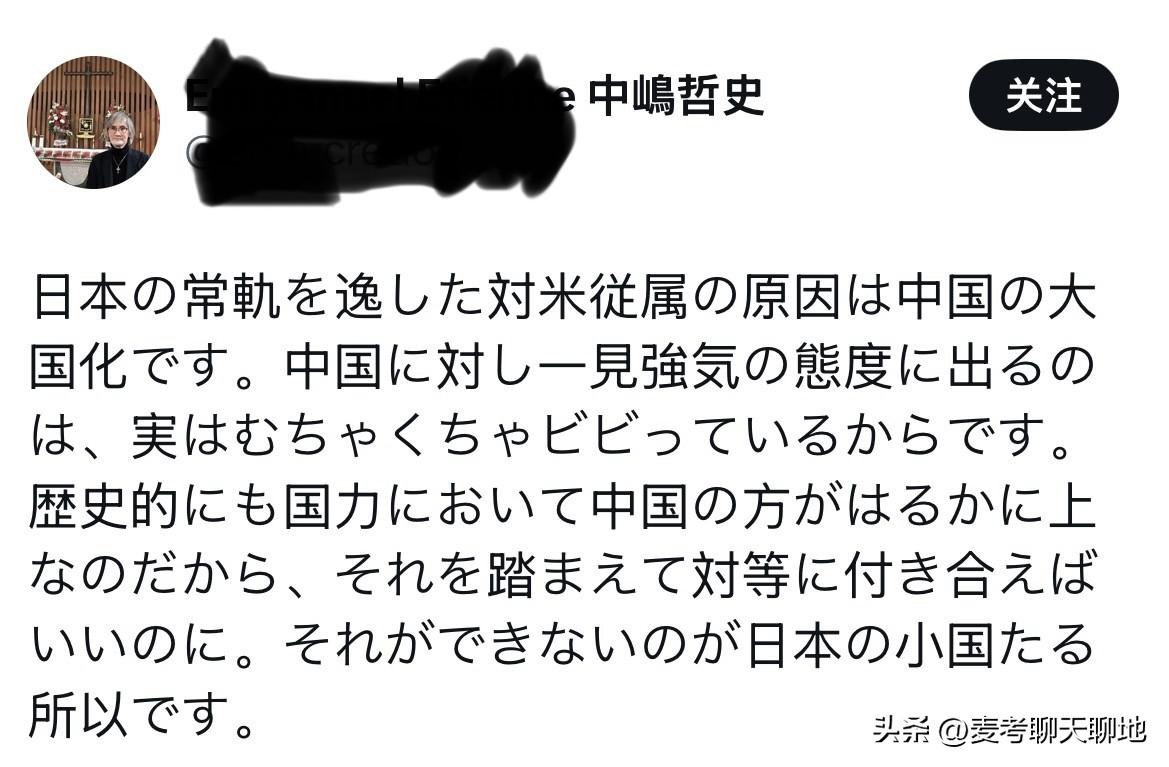 一位日本人中鸠哲史指出，日本对美国过度依附的根源在于中国的崛起。日本对中国看似强