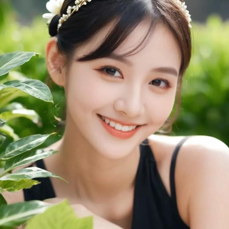 微笑女孩在绿叶间，自然清新的感觉，好喜欢！