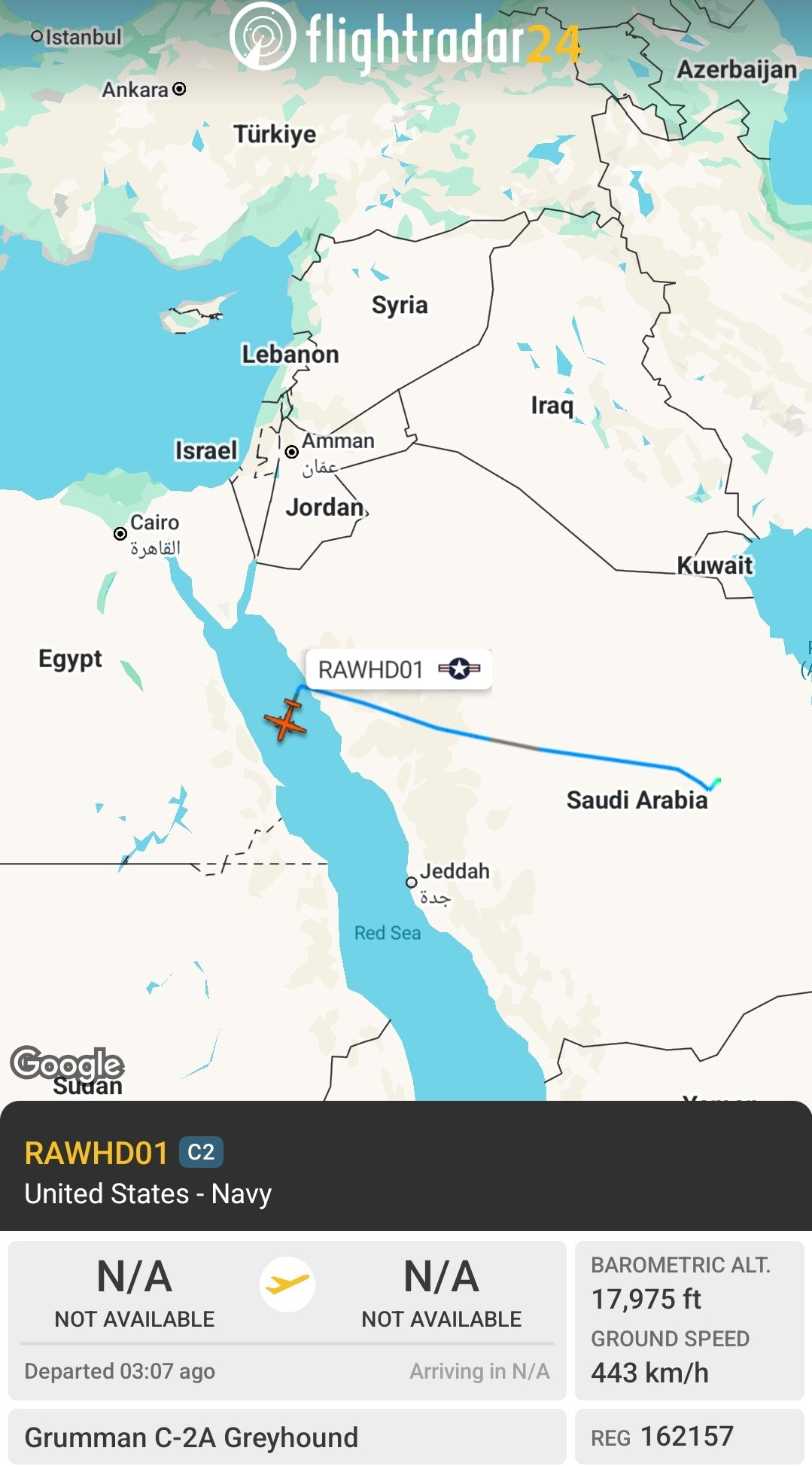 C-2A的飞行活动显示，3月10号，美国海军福特号航母(CVN-78)仍位于红海