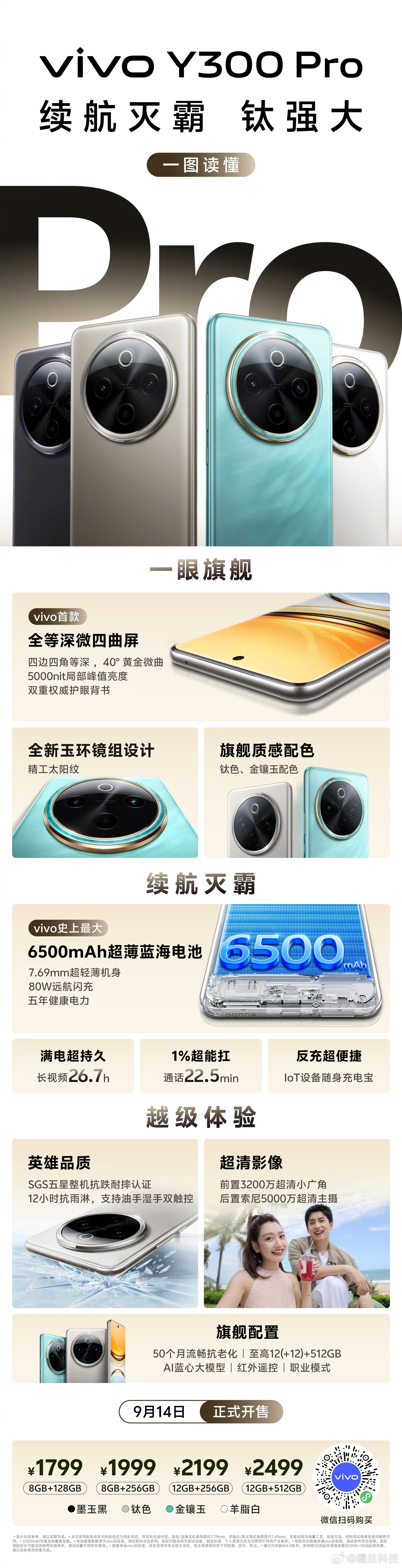 vivo Y300 Pro正式登场，售价1799起[干杯]搭载6500mAh超薄
