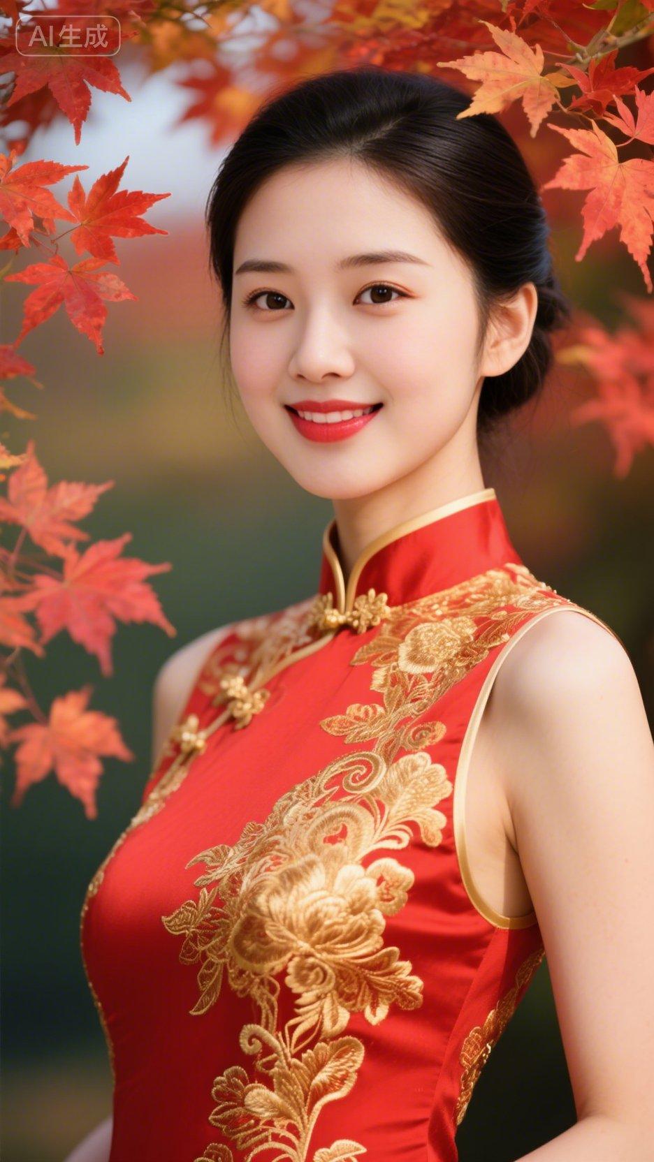 《红金遇枫》

一袭红金绣牡丹，

亭亭立在枫火燃。

金线蟠枝藏雅韵，

丹瓣