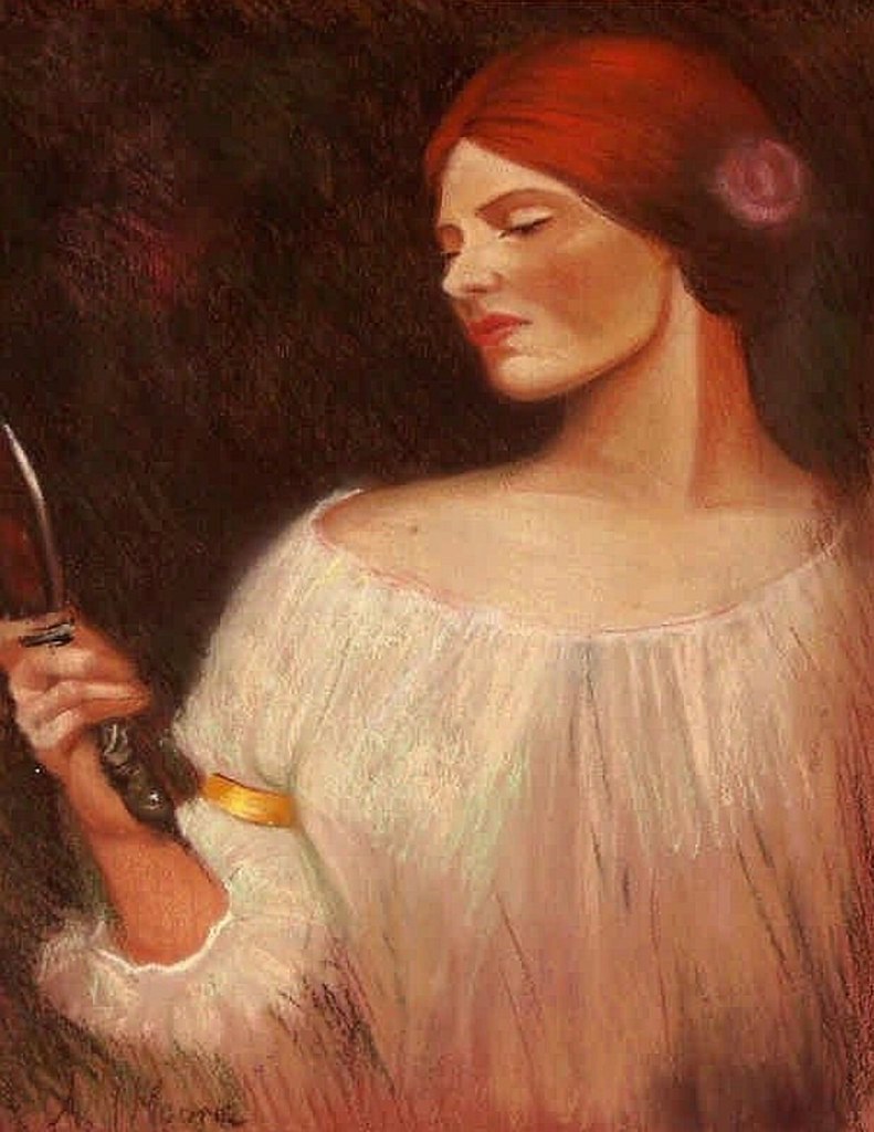 凝视手镜的美人，1880s，英国画家Albert Joseph Moore 