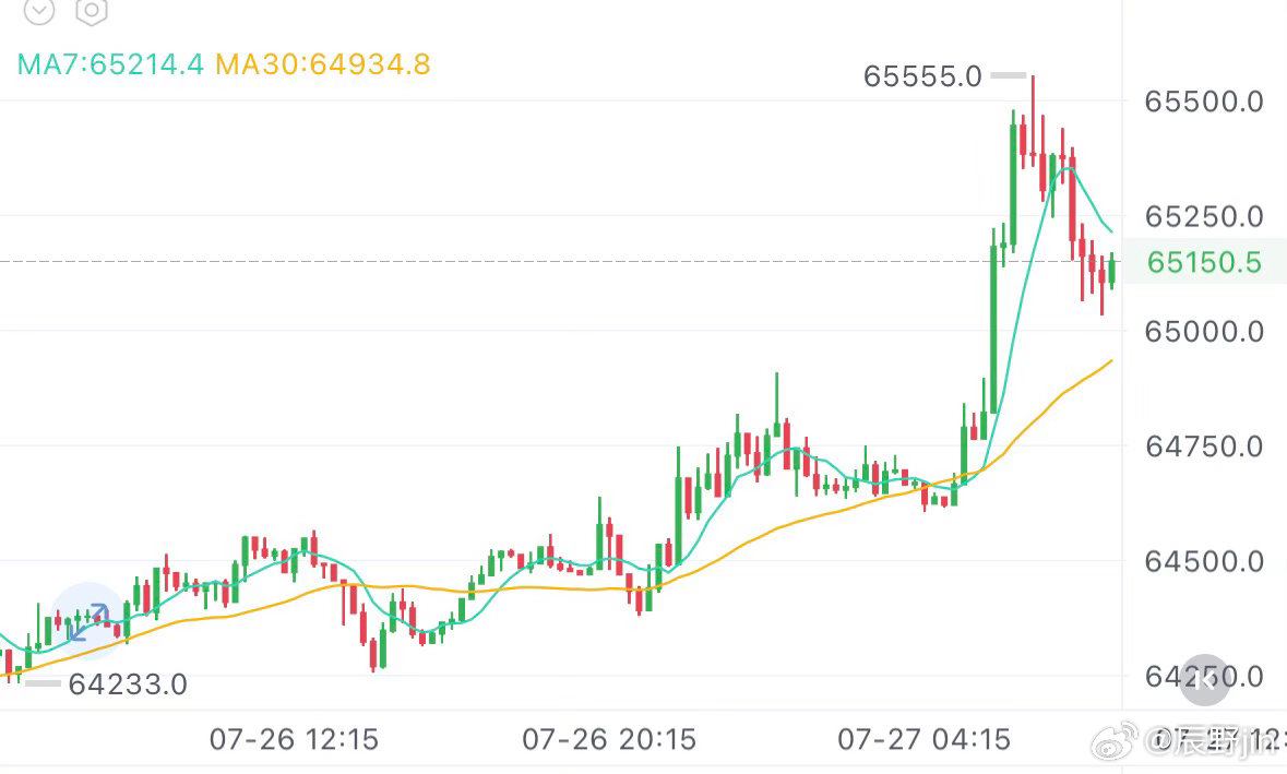 7.27早间辰野饼子分析 周末饼子自最低点64270反弹至65455后，上攻动能
