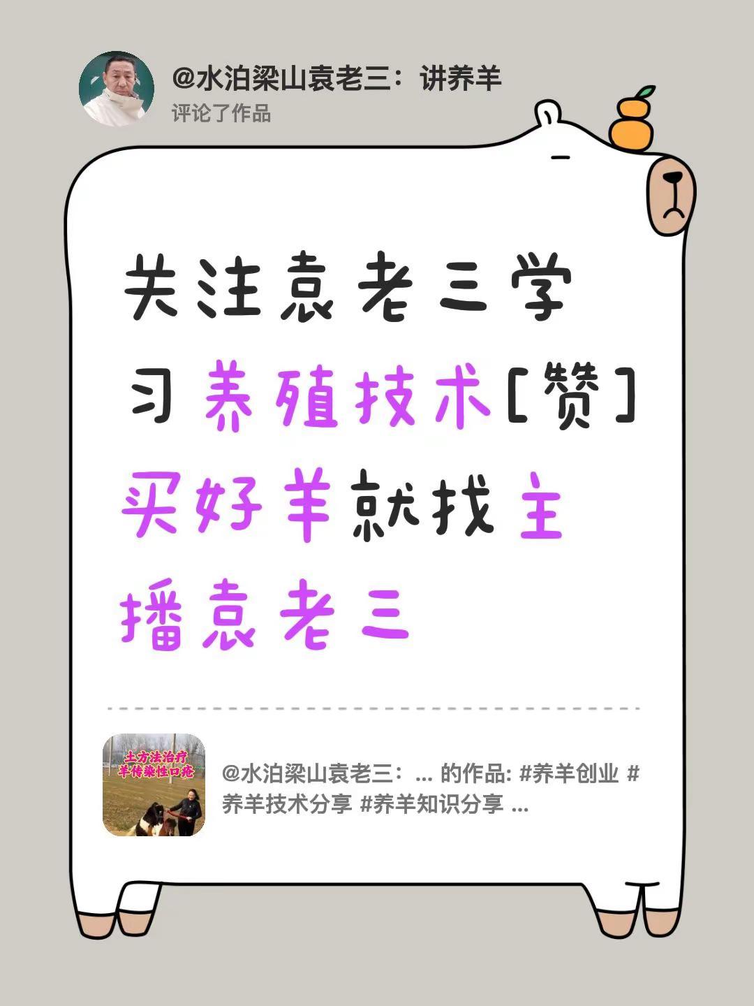 我评论了@水泊梁山袁老三：讲养羊 的作品：关注袁老三学习养殖技术[赞]买好羊就找