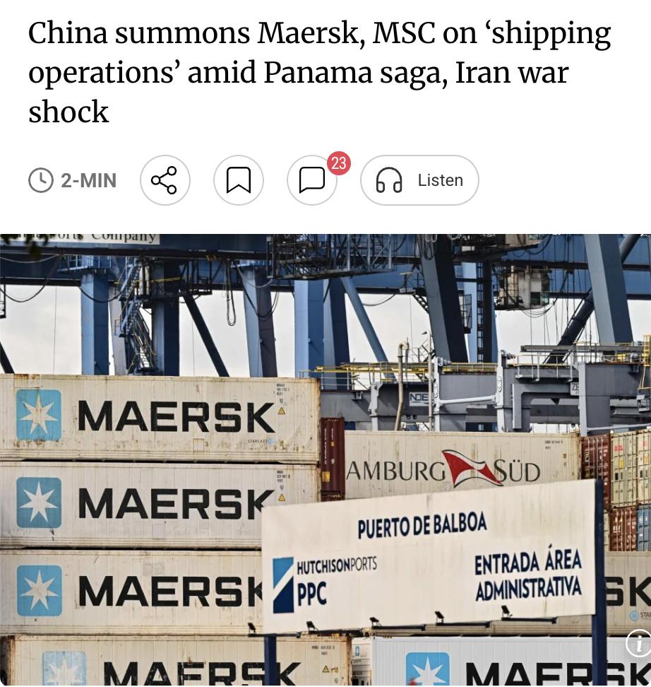 外媒：中国近日约谈全球两大航运巨头——马士基与地中海航运公司（MSC）。

2月