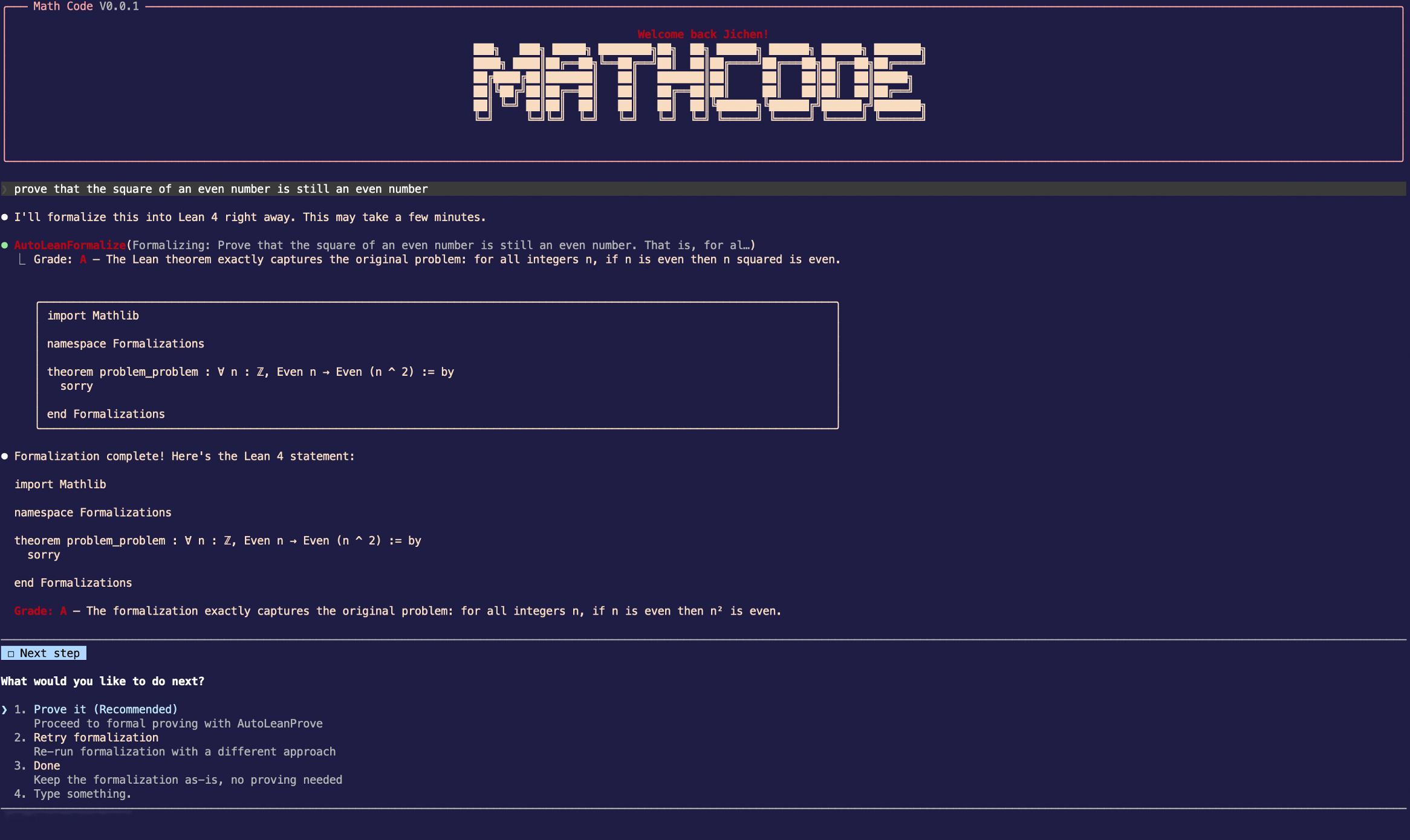 MathCode 是一个终端 AI 编程助手，内置数学形式化引擎。用自然语言给它