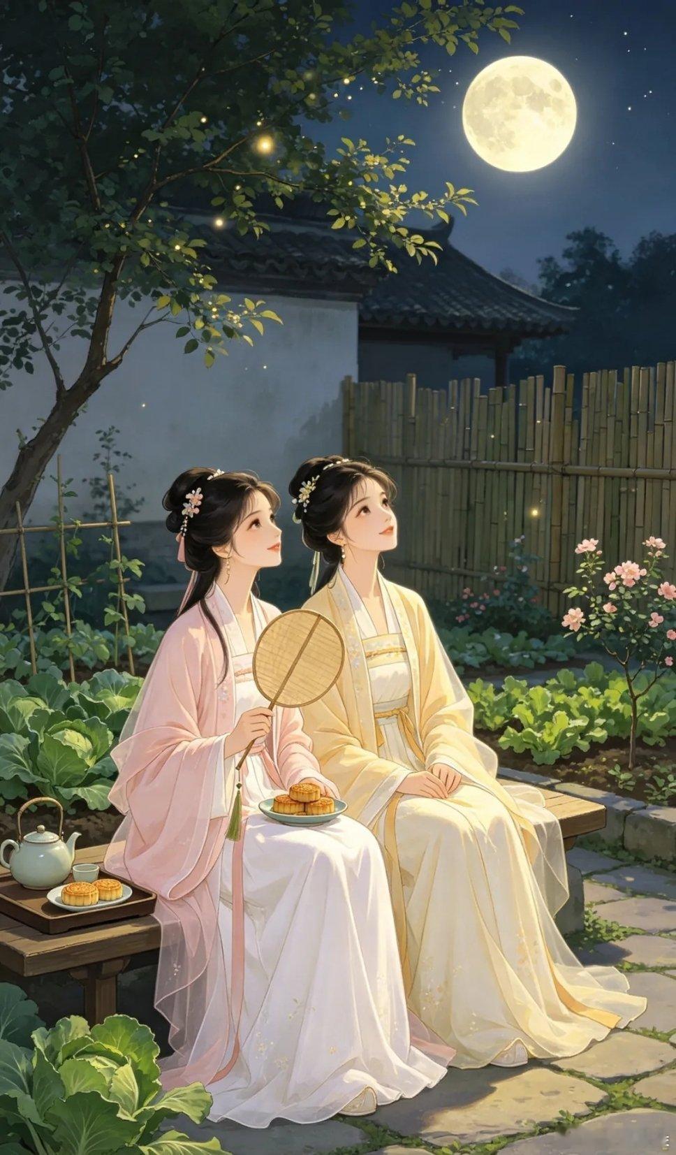 花好月圆良辰美景庭院赏月古风意境壁纸 