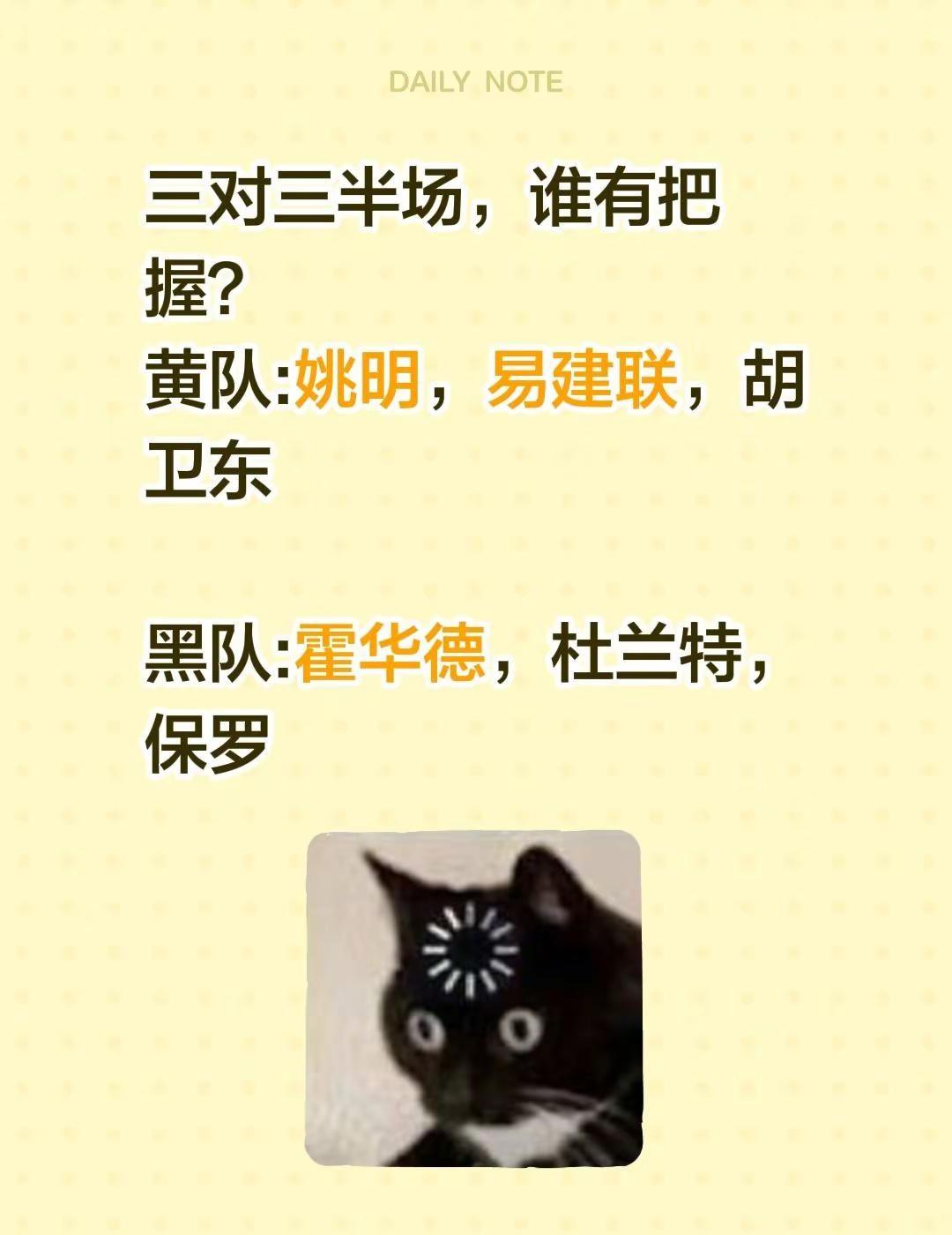 这阵容谁更有把握？三对三半场，谁有把握？黄队:姚明，易建联，胡卫东黑队:霍华德，