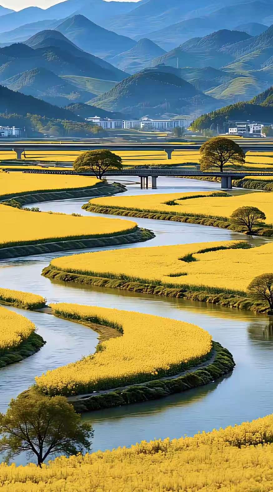 天净沙·春景如画
清流环绕农田，
金黄铺就霞笺。
远岭如波絮卷。
景新春艳，
韵