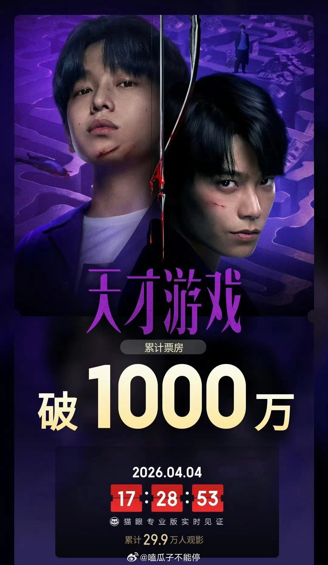 丁禹兮《天才游戏》首映日票房破1000万 