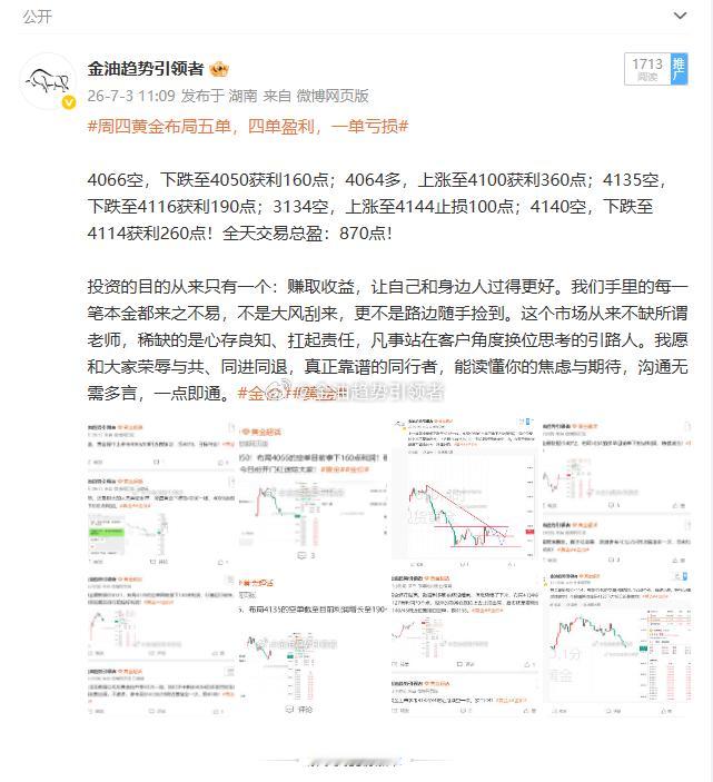 本周五个交易日黄金布局总盈：2610个点！周一黄金拿下：760点利润！网页链接周