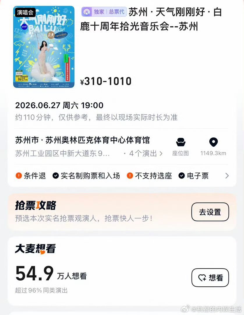 54.9万人想看，好可怕的想看人数，这是真女顶！白鹿粉丝真是不含糊啊！白鹿音乐会
