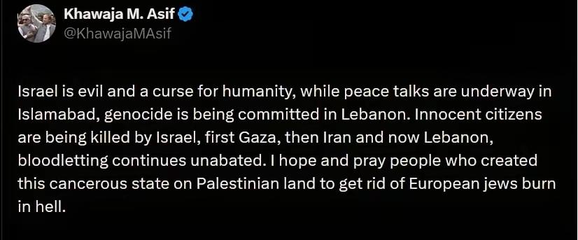 以色列是人类的邪恶力量！
并且要下地狱！
这不是我说的，是巴基斯坦防长说的。这充