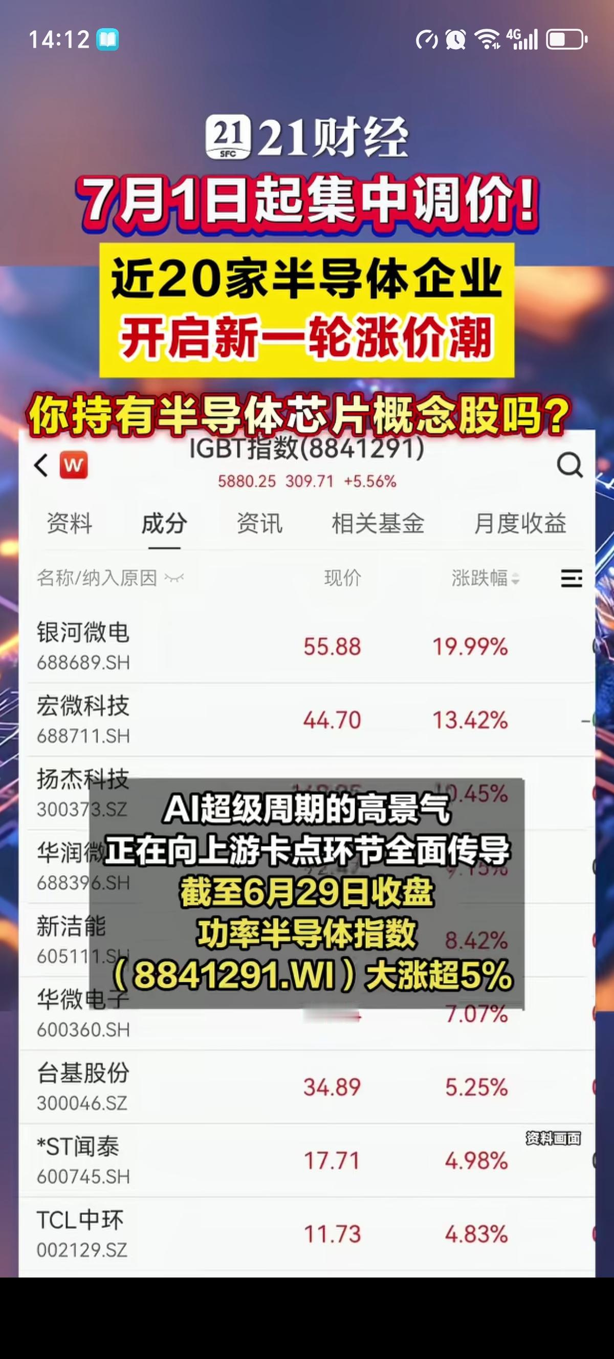 据21财经报道：7月1日起集中调价，近20家半导体企业开启新一轮涨价潮。本轮涨价