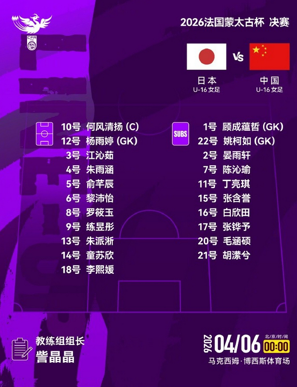 蒙太古杯女足赛决赛，U16女足对日本U16女足，中国队首发名单出炉~中国女足中国