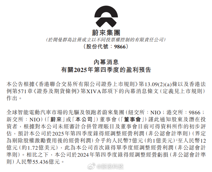 【蔚来发布盈利预告蔚来美股盘前大涨10%】蔚来首次实现单季盈利北京时间2月5日1
