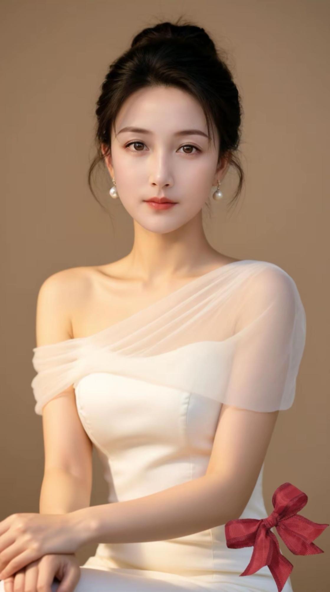 优雅的新娘造型，温柔动人，红色蝴蝶结点缀，尽显浪漫气息。