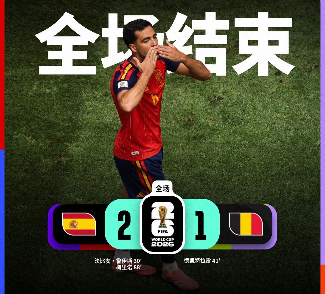 美加墨世界杯1/4决赛，夺冠大热门西班牙队对阵比利时队，上半场第39分钟，西班牙